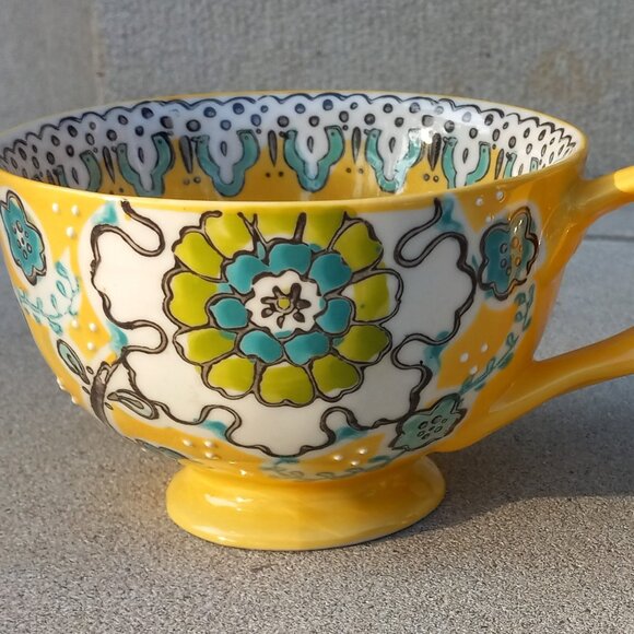 ANTHROPOLOGIE Elka Ayaka Oversized MUG Yellow Floral Twisted Handl Pedes… - Picture 1 of 13